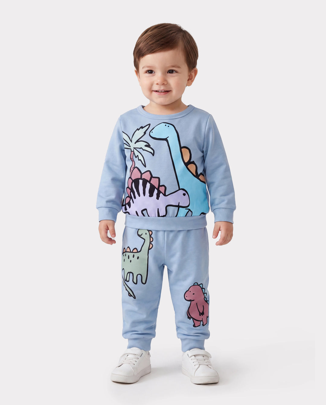 Baby Boy Clothes 2pcs Dinosaur/ Vehicle Print Sweatshirt and Pants Set Blue grey