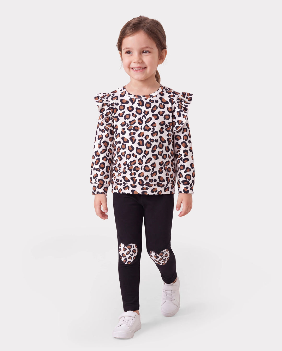 2-piece Toddler Girl Leopard Print Flutter Long-sleeve Top and Heart Pattern Pants Set Black