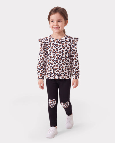 Conjunto de 2 piezas para niña pequeña con estampado de leopardo, camiseta de manga larga y pantalón con estampado de corazones, color negro