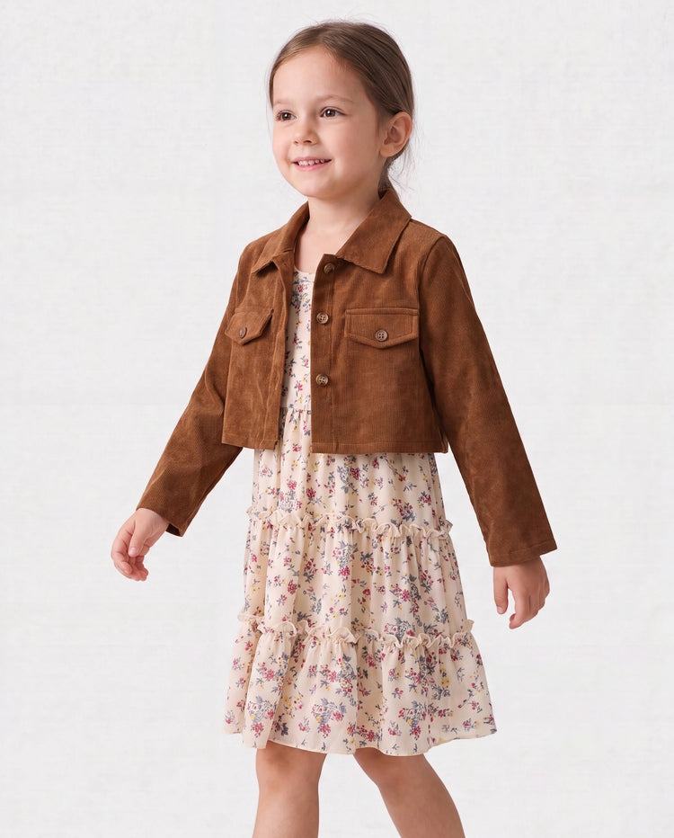 Kleinkind Mädchen 2pcs Reverskragen Jacke und florales Rüschenkleid Set khaki