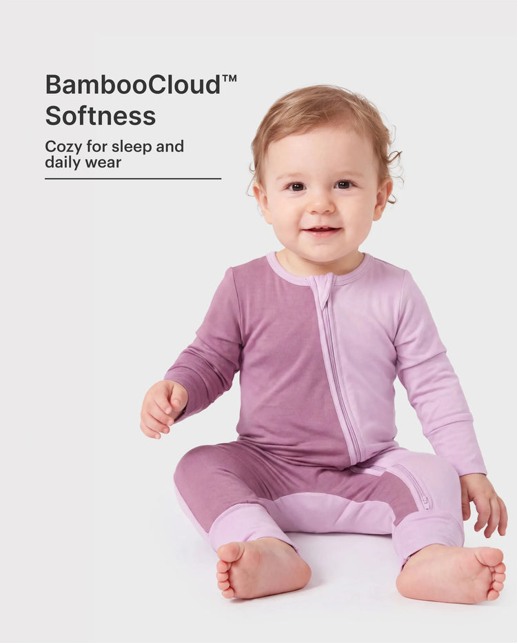 Mameluco de bambú para bebé niño/niña, con bloques de color, cremallera bidireccional, antideslizante, de manga larga, morado