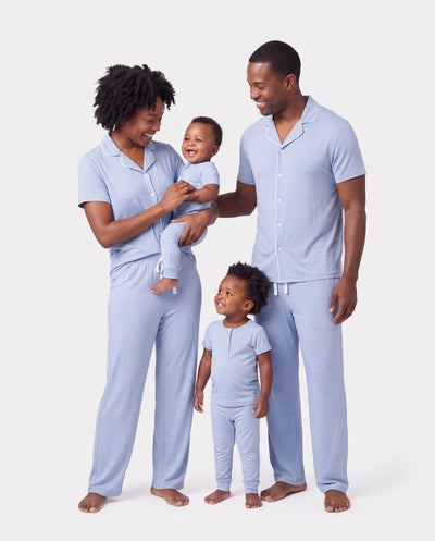 Family Matching Bamboo Pajamas Soft Bamboo Viscose PJs for Men Women Kids Toddler Baby, Classic Blue Short-sleeve Sleepwear with Button-Down Shirt and Pants Blue grey