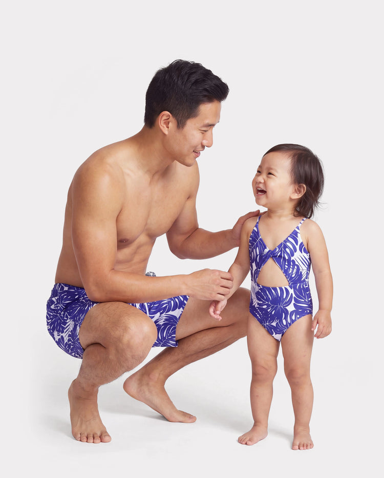 Daddy & Daughter Tropical Leaf Print Swim Trunks or Hollow-out Crisscross Straps One-piece Swimsuit Blue