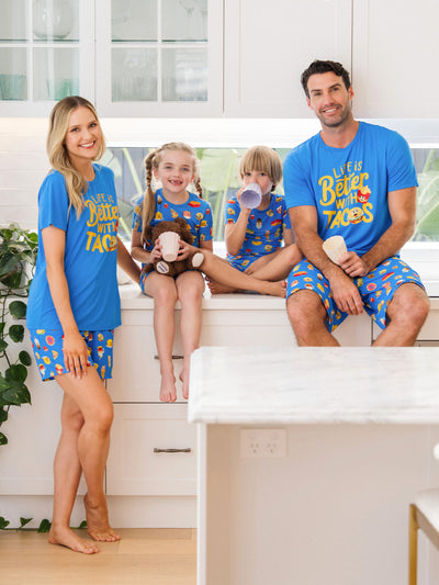 Family Matching Bamboo Pajamas Buttery Soft Bamboo PJs for Men Women Kids Toddler, Cute Burger & Fries Print Short Sleeve Sleepwear (Snug-Fitting for Children) Royal Blue