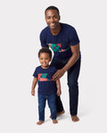 Daddy and Me Family Matching Sets Floral Panel Black tee and V-neck Strap Dress with Hidden Snap Deep Blue