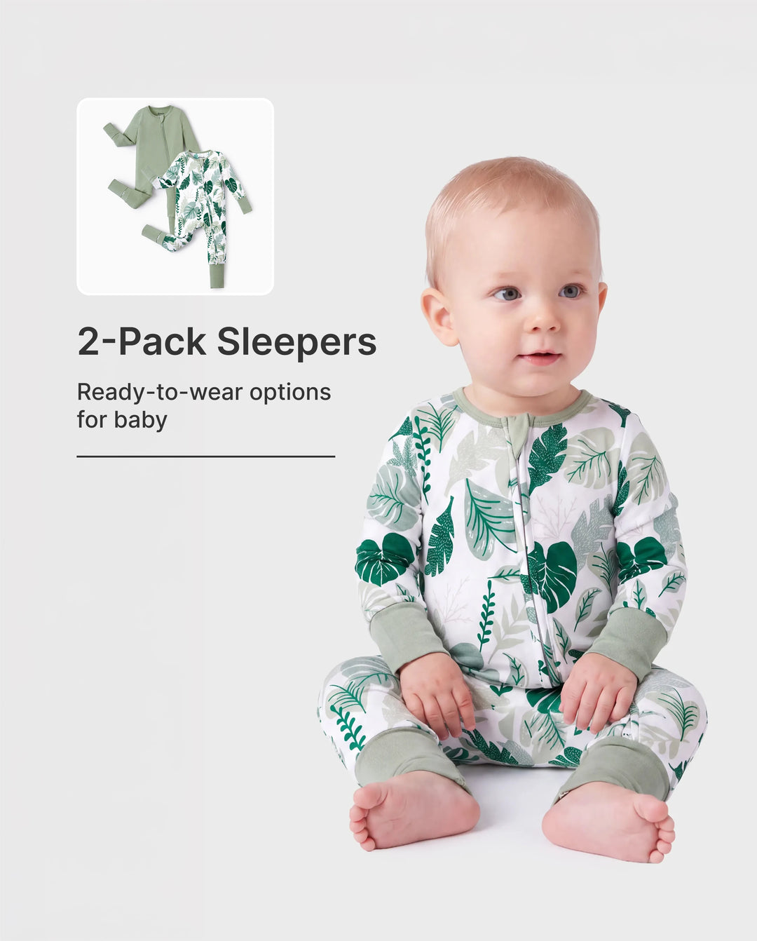 Lot de 2 grenouillères en bambou pour bébé garçon/fille à manches longues avec fermeture éclair 2 voies et pieds antidérapants imprimé animaux ou plantes naturel Vert
