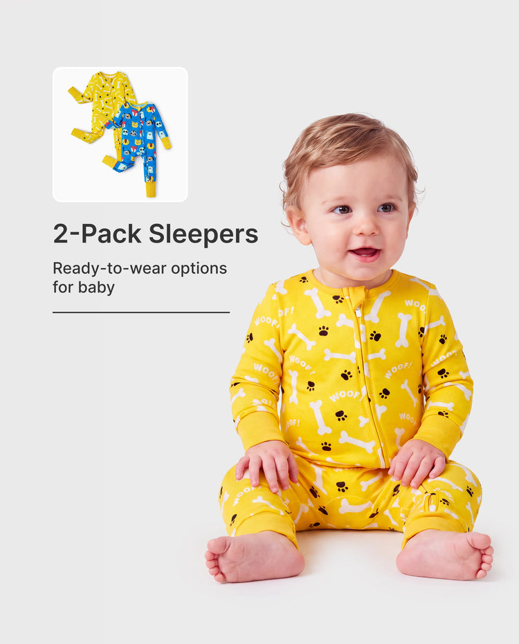 Lot de 2 grenouillères en bambou pour bébé garçon/fille à manches longues avec fermeture éclair 2 voies et pieds antidérapants imprimé animaux ou plantes naturel Jaune