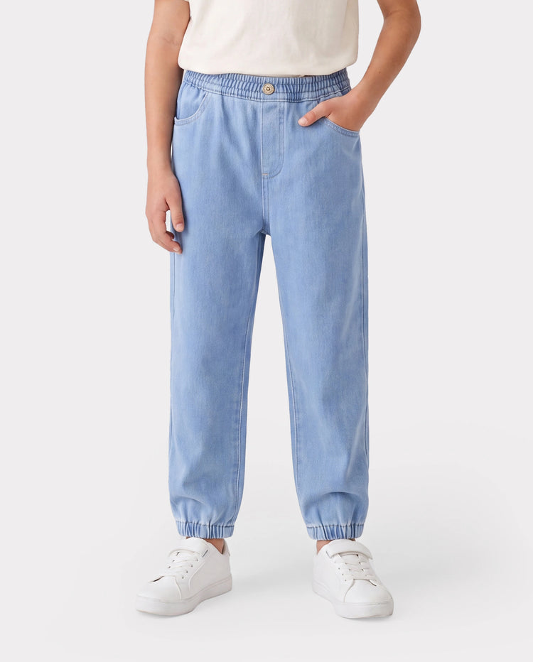 Kids Elastic Waist Denim Pants Soft Stretch Comfortable Everyday Jeans with Pockets Light Blue