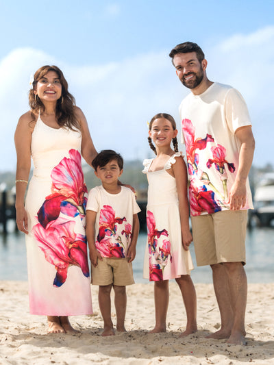 Family Matching Casual Outfit Floral Print T-shirt or Halter Dress Summer Set for Vacation  Apricot