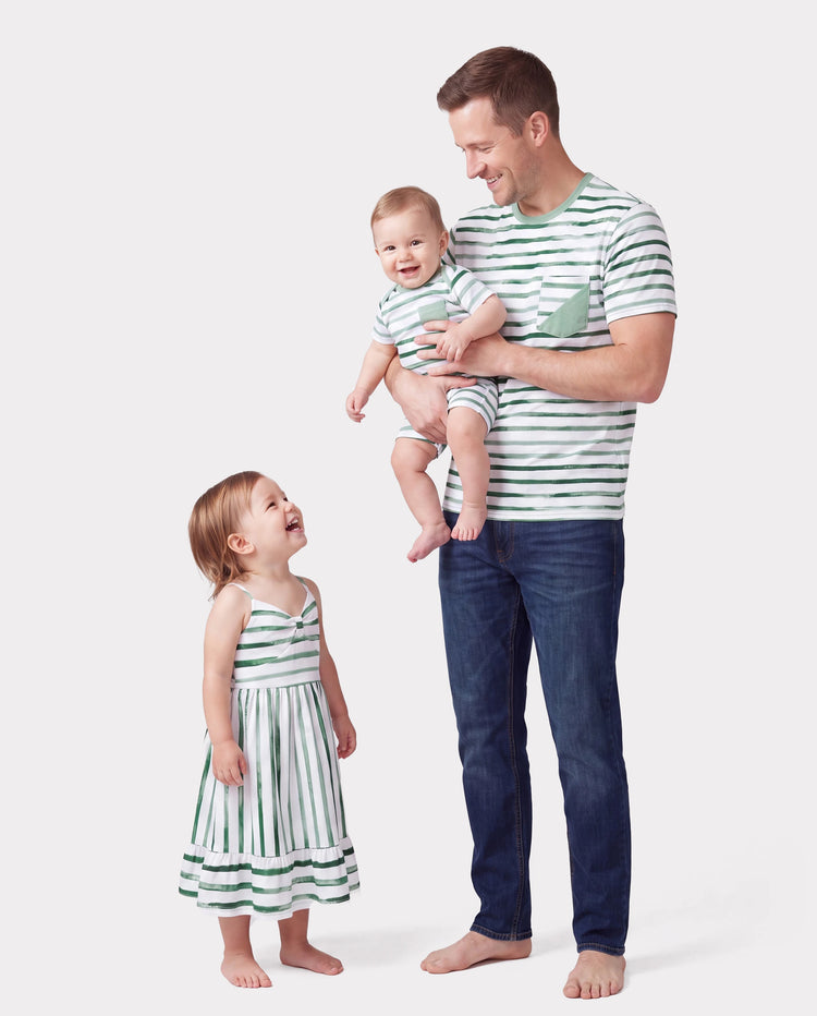Daddy & Daughter Cotton Outfits Set Green Striped T-Shirt and Dress Set for Dad, Mom, Kids & Baby, Perfect for Summer Family Outings & Photos Green