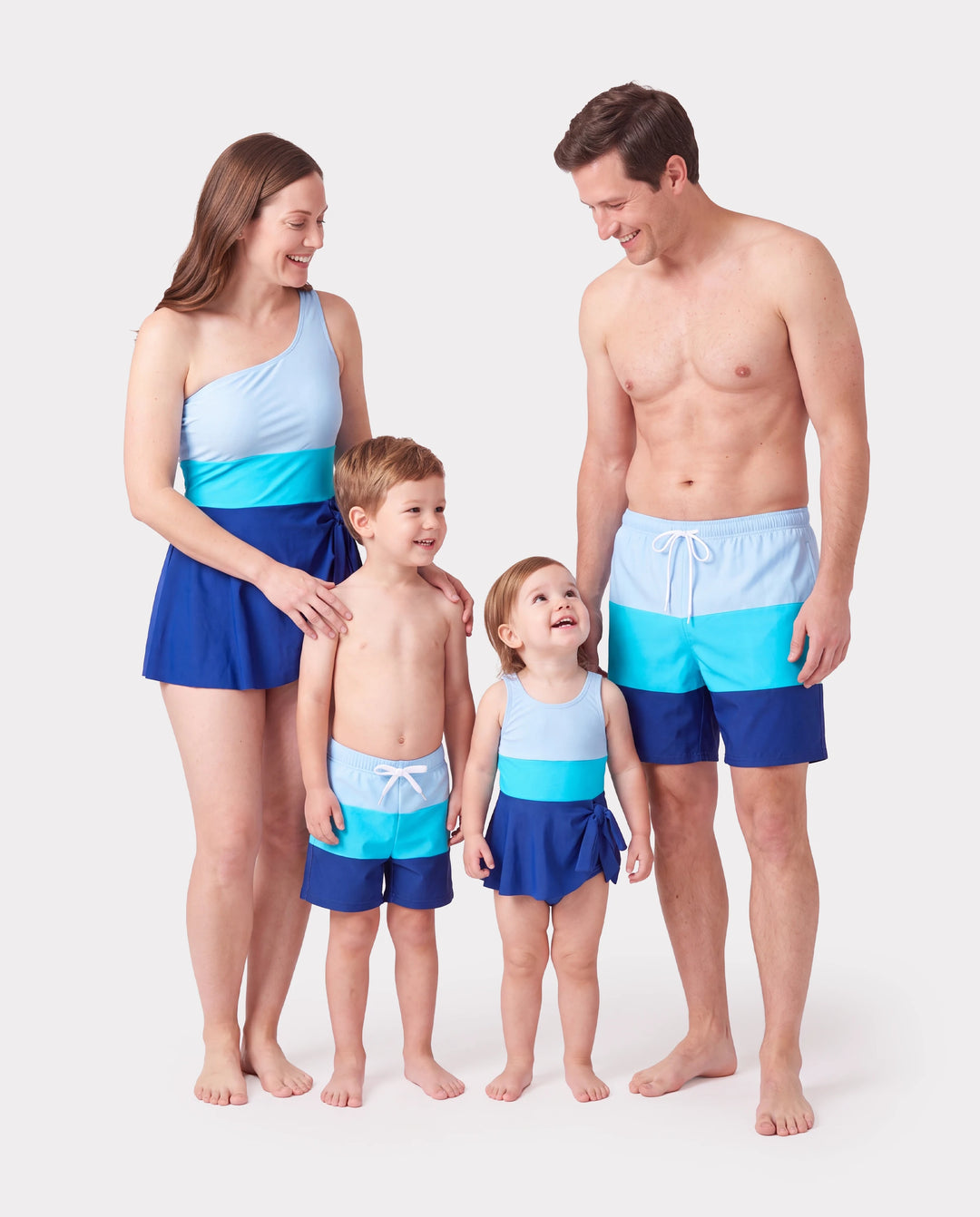 Maillots de bain assortis pour toute la famille à blocs de couleur, robe de bain à une épaule / ensemble short de bain Bleu