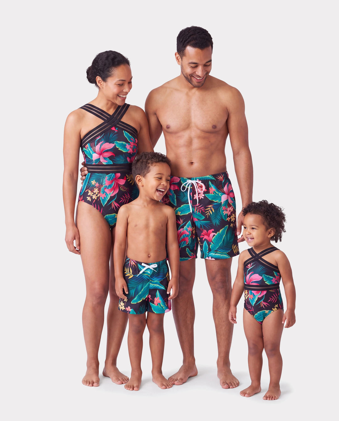 Family Matching Allover Plant Print Crisscross One-Piece Swimsuit and Swim Trunks Black