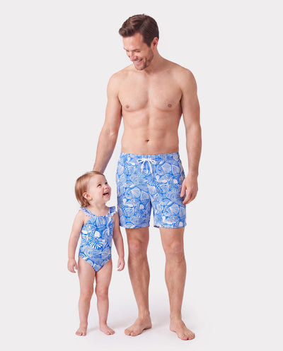 Daddy & Daughter Shell Print Swimwear Floral two-piece Bikini & Swim Shorts Set for Mom, Dad, & Kids, Perfect for Beach Days & Pool Parties Blue