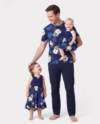 Daddy & Daughter Floral Print Cotton Top Short-sleeve Shirt or Splicing Sleeveless Tank Dress Deep Blue