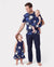Daddy & Daughter Floral Print Cotton Top Short-sleeve Shirt or Splicing Sleeveless Tank Dress Deep Blue
