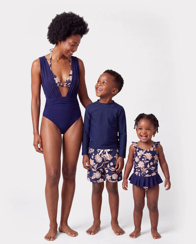 Mommy & me Floral Print Swimsuits 2-in-1 One-Piece Swimsuit & Swim Trunks Deep Blue