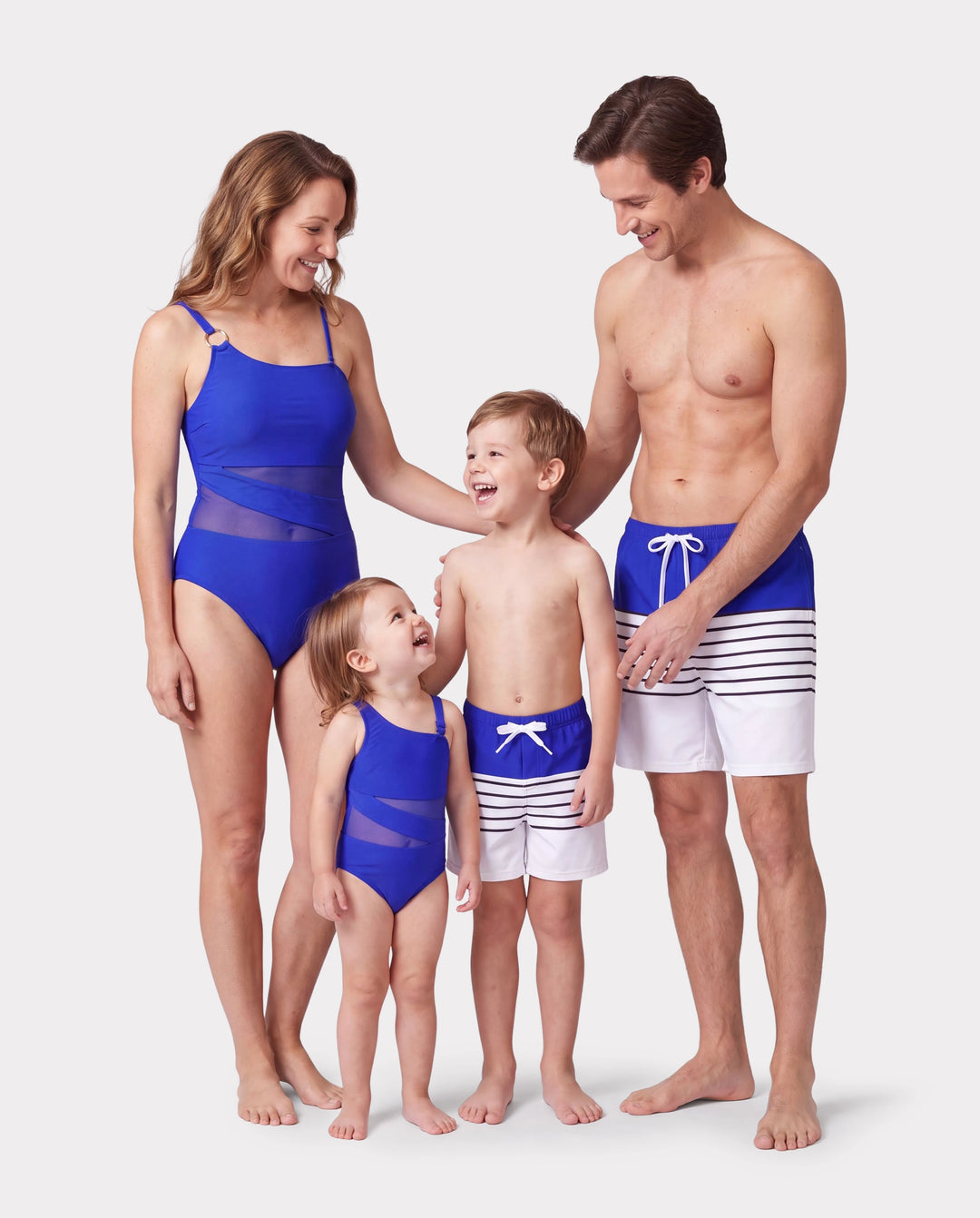 Family Matching Blue Drawstring Swim Trunks or Blue One-Piece Strap Swimsuit Blue