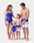 Family Matching Blue Drawstring Swim Trunks or Blue One-Piece Strap Swimsuit Blue