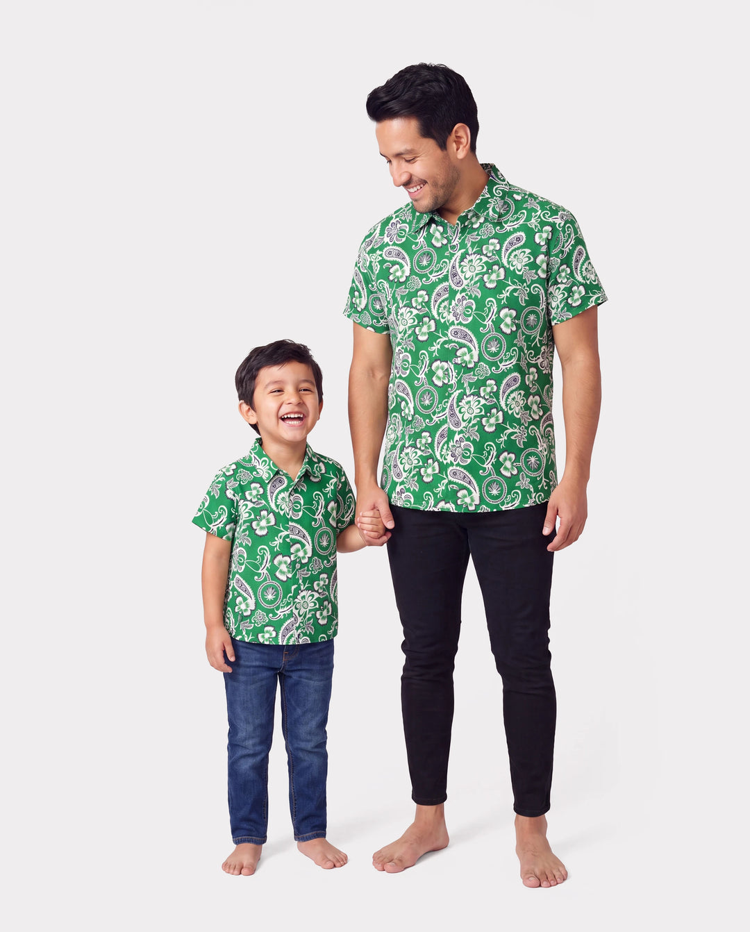 Daddy & Son Outfits Set Floral Print Short-sleeve Collar Shirt or Strappy Smocked Dress for Summer Vacation Green