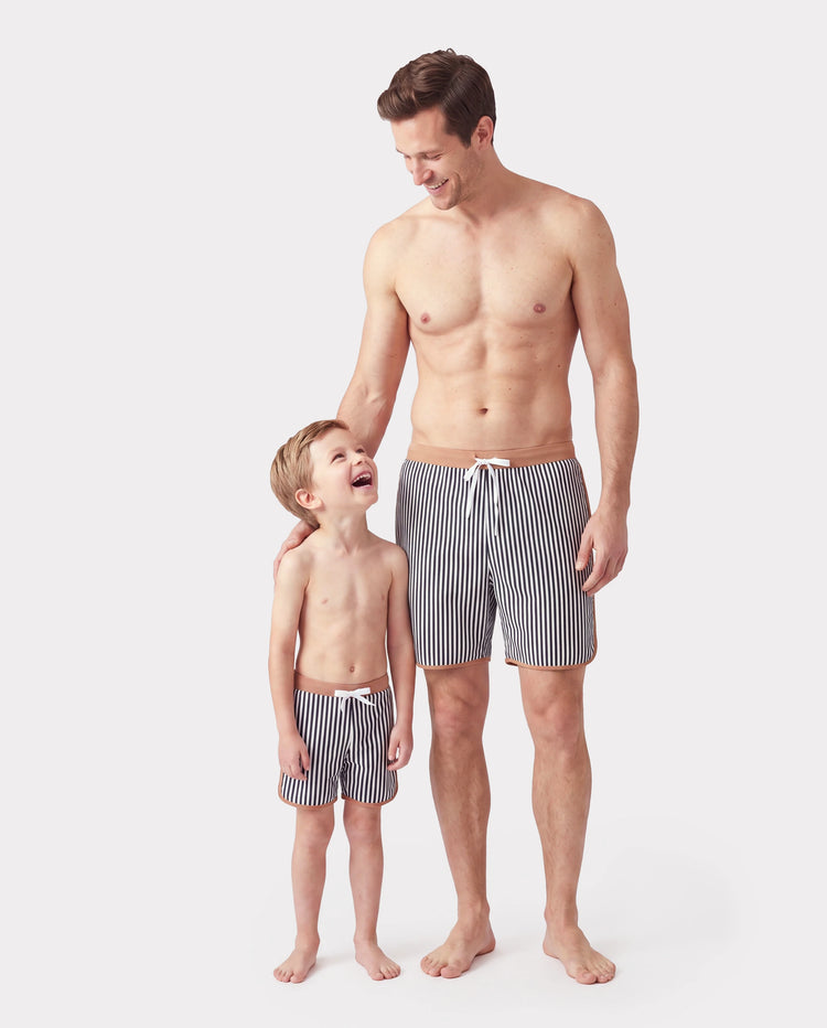Daddy & Son Vertical Stripe Drawstring Swim Drunks Khaki
