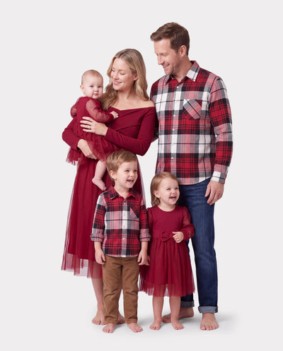 Family Matching Plaid Shirt Tops and Red Mesh Splice Belted Dresses Sets Burgundy