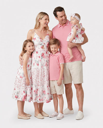 Conjunto de Ropa a juego para toda la familia – Camisa polo de manga corta en color sólido con cuello o vestido con estampado floral calado Rosa
