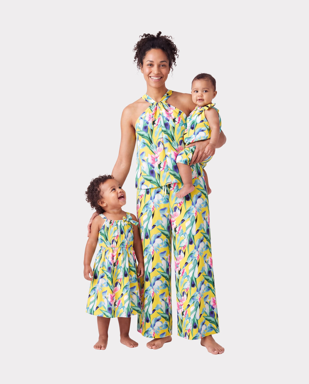 Mommy and Me Casual Outfits Floral Print Camisole Top and Wide-leg Pants Set for Mom Strappy Dress for girl, Bodysuit for Baby Girl Yellow