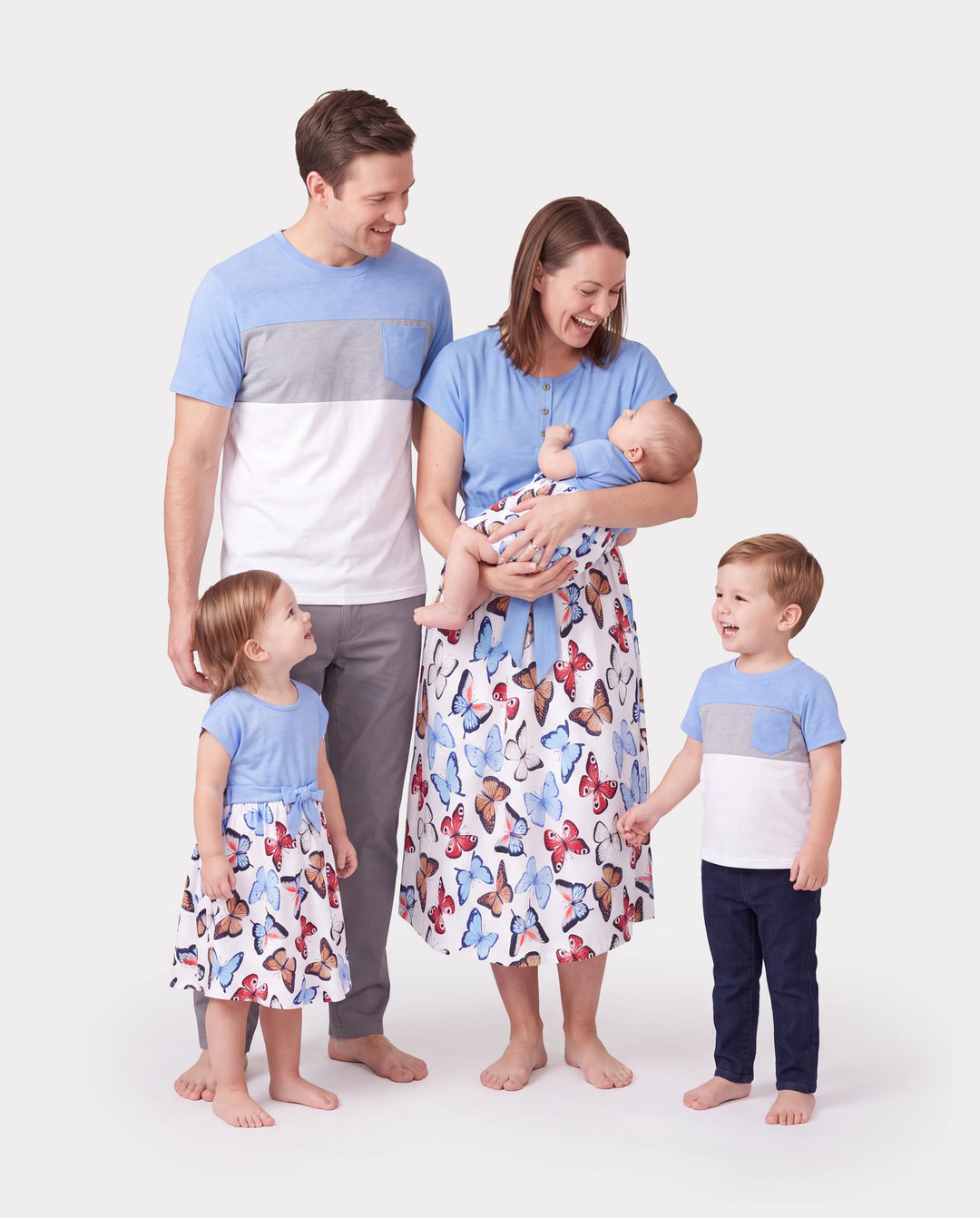 Family Matching Sets Butterfly Soft Casual Tee & Below Knee Dresses with Belted Design Blue Light Blue