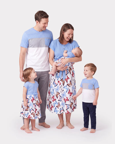 Family Matching Sets Butterfly Soft Casual Tee & Below Knee Dresses with Belted Design Blue Light Blue