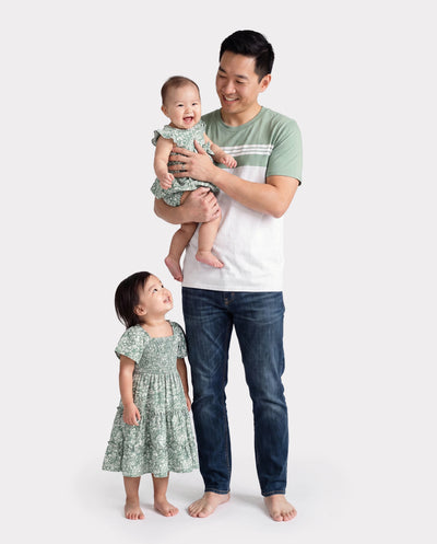 Daddy & Daughter Elegant Broken Flower Matching Outfits for Family, Smocking Design, Medium Thickness Green