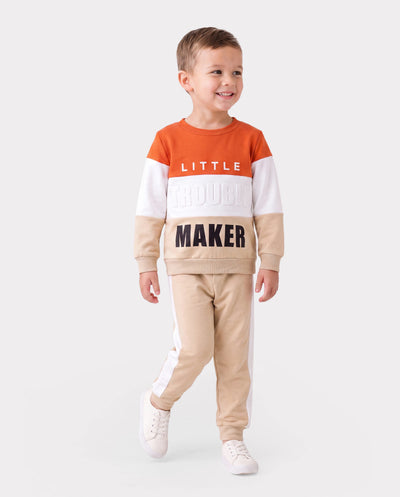 2pcs Toddler Boy Trendy Letter Print Colorblock Sweatshirt and Pants Set Apricot