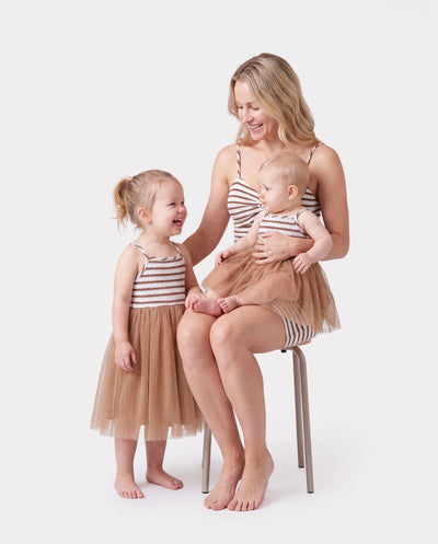 Matching Striped Dresses for Mommy & Me  Twist-Front Dress with Tulle Skirt, Perfect for Summer Family Outings & Photos Khaki