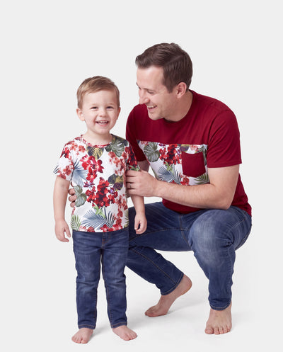 Daddy & Son Floral Print Outfits Tropical Print Spaghetti Strap Body-con Dress for Mom & Daughter, Color-Blocked T-Shirts for Dad & Son Perfect for Summer Vacations & Family Photos Red