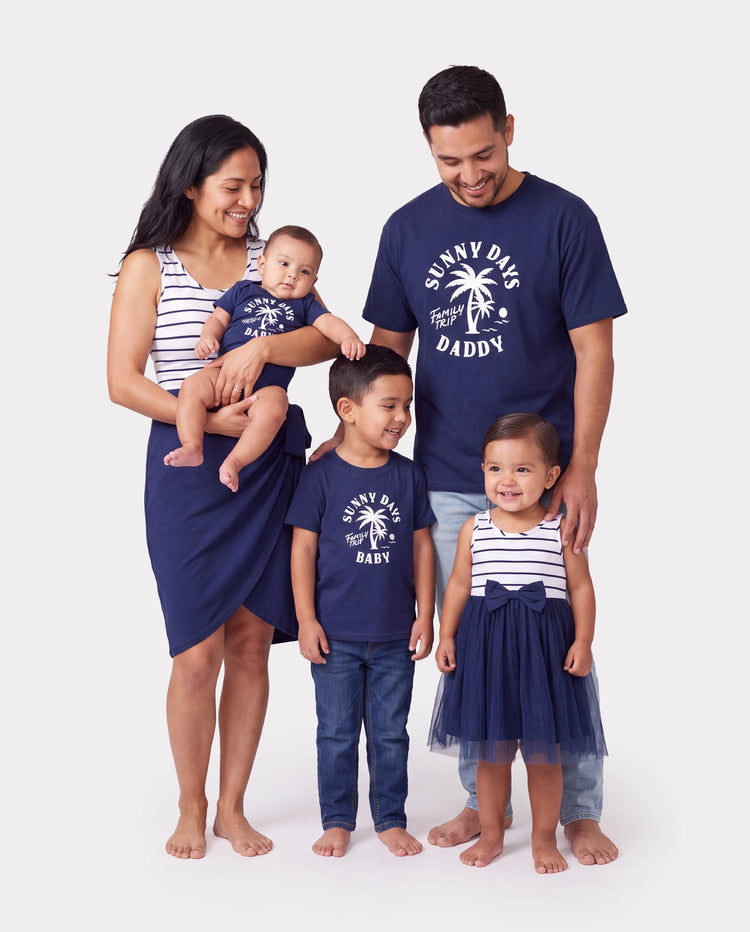 Family Matching Cotton T-Shirt & Dress Set – Sunny Days Palm Print for Dad, Mom, Baby & Toddler, Perfect for Summer Vacations & Family Outings Tibetan blue