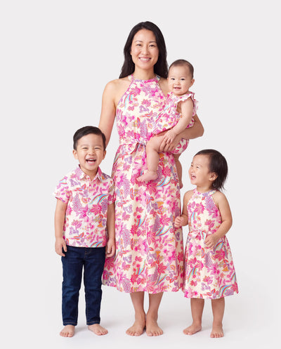 Mommy & me Outfits Set Tropical Flora Print Short-sleeve Collar Shirt or Halter Belted Dress for Summer Vacation Beige