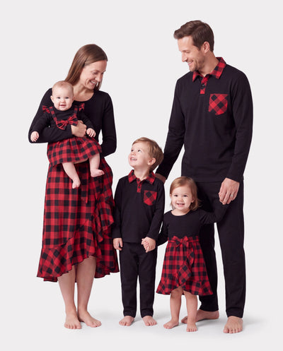 Tenues familiales assorties Ensembles coordonnés à carreaux noirs et rouges Ourlet fluide asymétrique rouge/noir