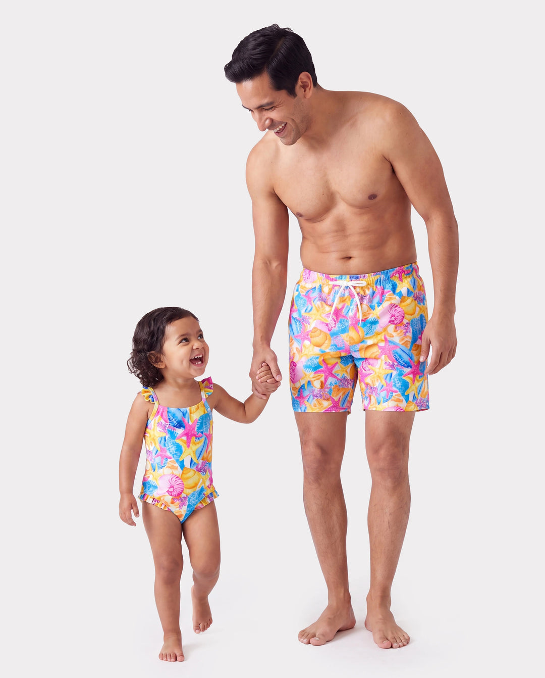 Daddy & Daughter Seashell & Starfish Print Swimsuits Ruched One-Piece & Swim Trunks Set Multi-color
