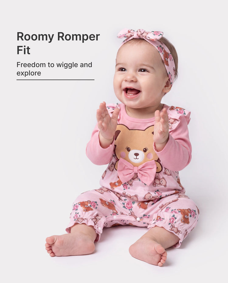 Baby Girl Bear Style Embroidered Floral Jumpsuit Pink