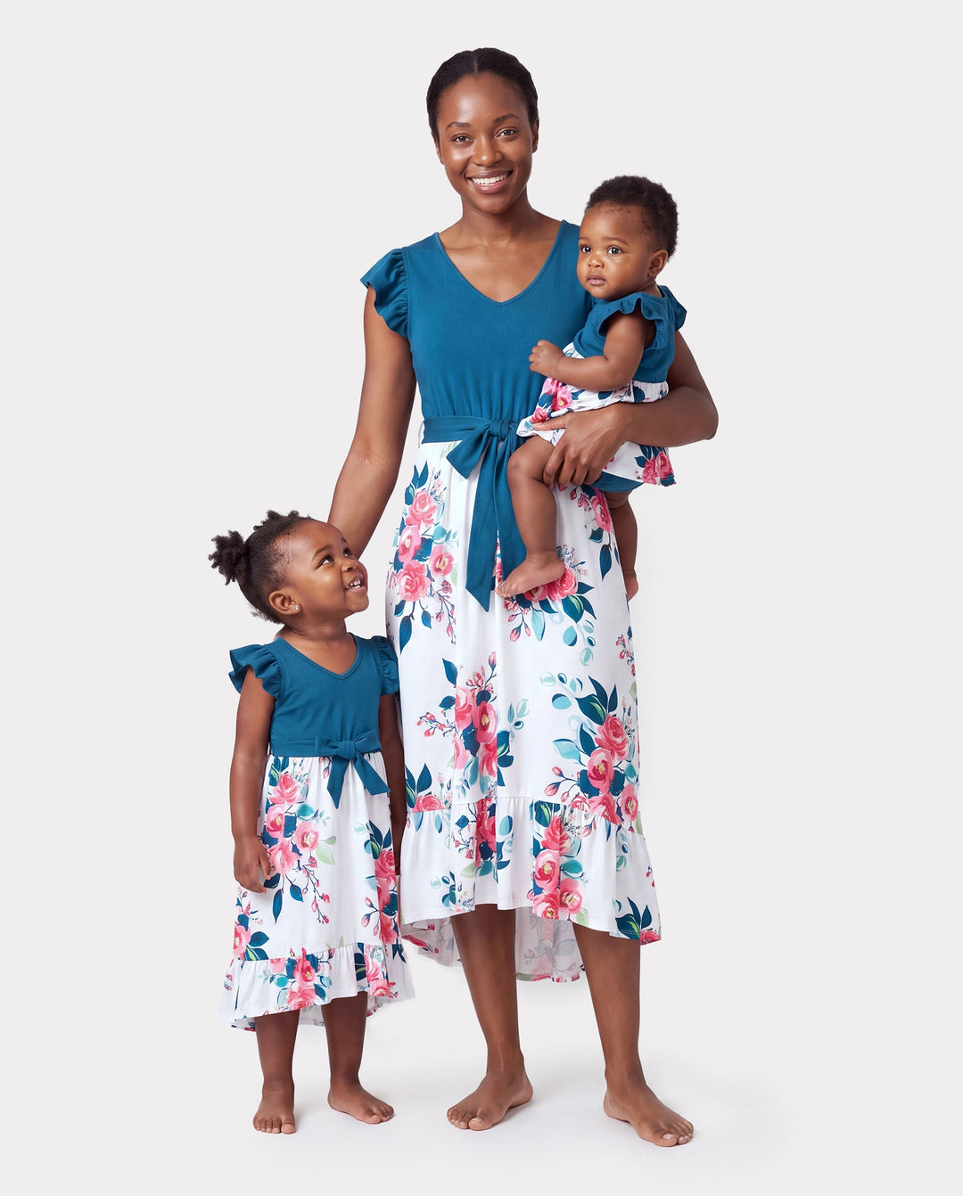 Mommy & me Solid V Neck Flutter-sleeve Splicing Floral Print Dresses Sets Azure-