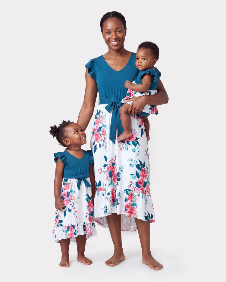 Mommy & me Solid V Neck Flutter-sleeve Splicing Floral Print Dresses Sets Azure-