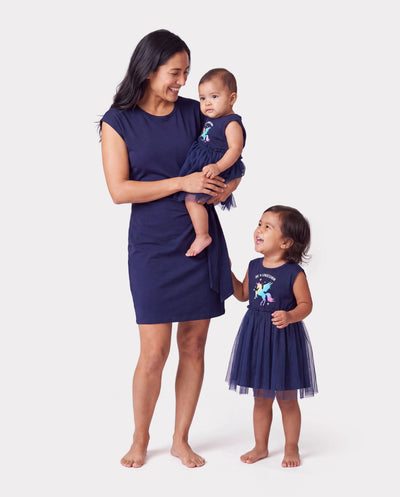 Matching Cotton Dresses for Mommy & Me Unicorn Print with Tulle Skirt for Girls, Knotted Dress for Mom, Perfect for Family Outings & Photos Deep Blue