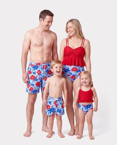 Maillots de bain assortés pour toute la famille Bikini imprimé floral & short de bain pour maman, papa et enfants, parfait pour les journées plage d'été & fêtes à la piscine Rouge