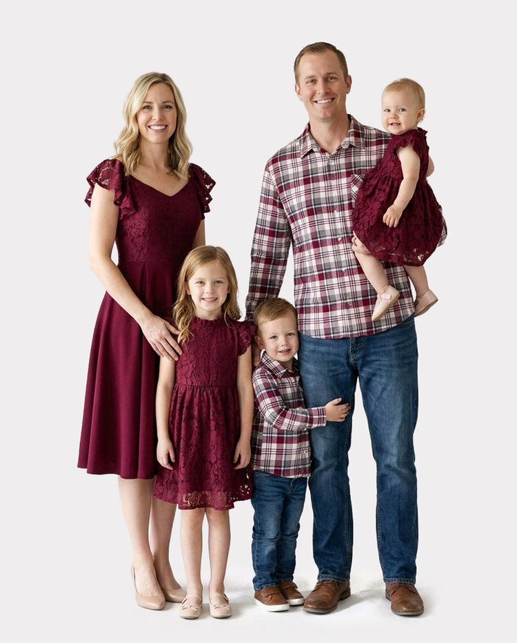 Family Matching Sets Plaid Shirt or Red Wine Lace Ruffle Sleeve A-Line Dress WineRed