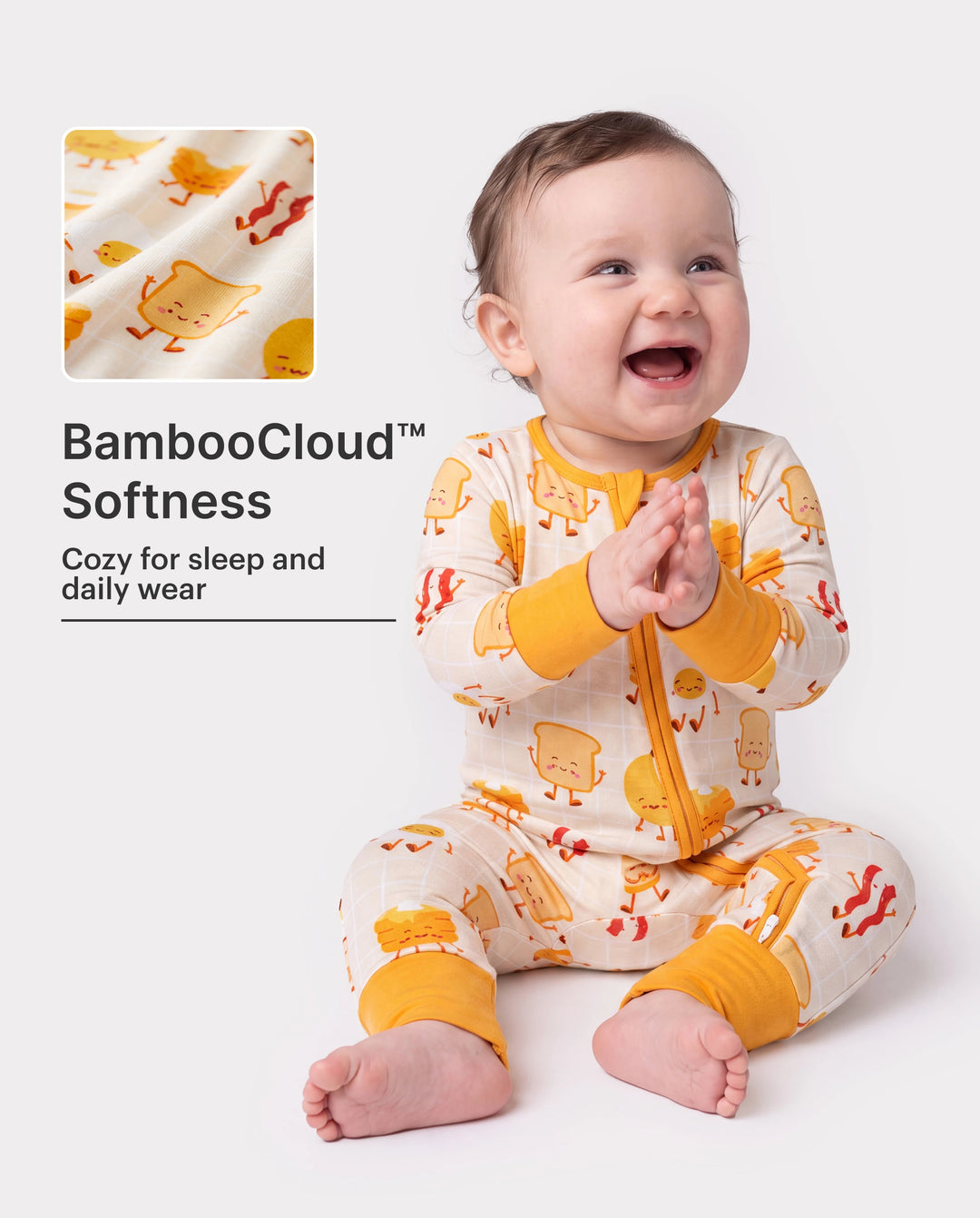 Bamboo Baby Boy/Girl Cartoon Printed 2-Way Zip Onesies Anti Slip Long-sleeve Footie Pale Yellow