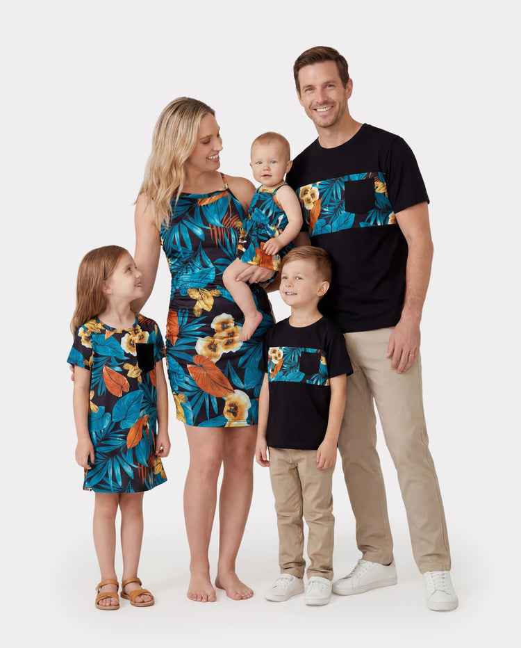 Family Matching Floral Panel T-shirt and Floral Ruched Drawstring Side Strap Dress Sets Black