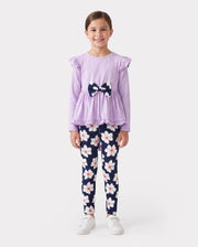 Ensemble 2 pièces pour fille, t-shirt à manches longues et volants avec nœud papillon et pantalon à imprimé floral violet clair