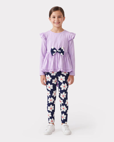 Conjunto de 2 piezas para niña: camiseta de manga larga con volantes y lazo y pantalón con estampado floral en morado claro