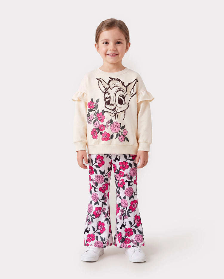 Kleinkind Mädchen 2pcs Dear Rüschen Sweatshirt und geblümt ausgestellte Hosen Set Farbblock