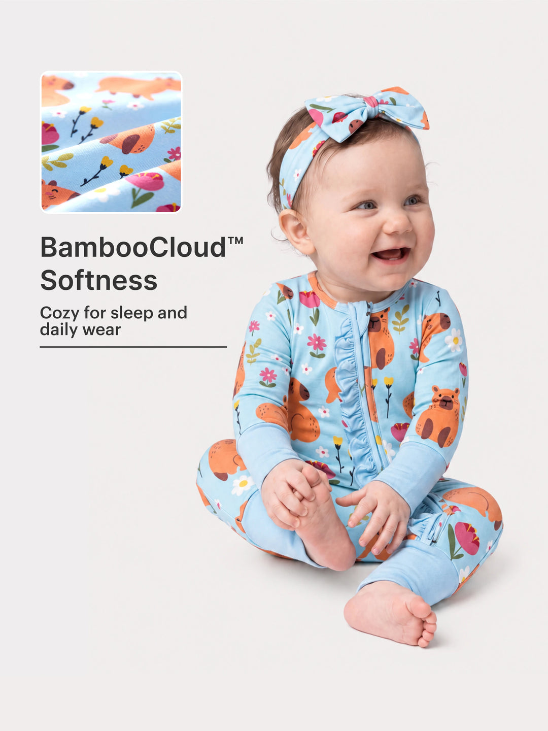 Bamboo Baby Boy/Girl Animal Printed 2-Way Zipper Anti Slip Long-sleeve Footie with/without Hairband Turquoise