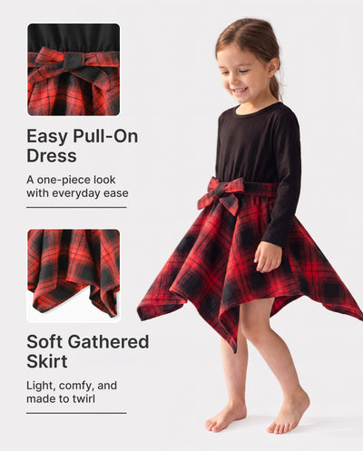 Toddler Girl Plaid Irregular Hem Splice Long-sleeve Dress Black